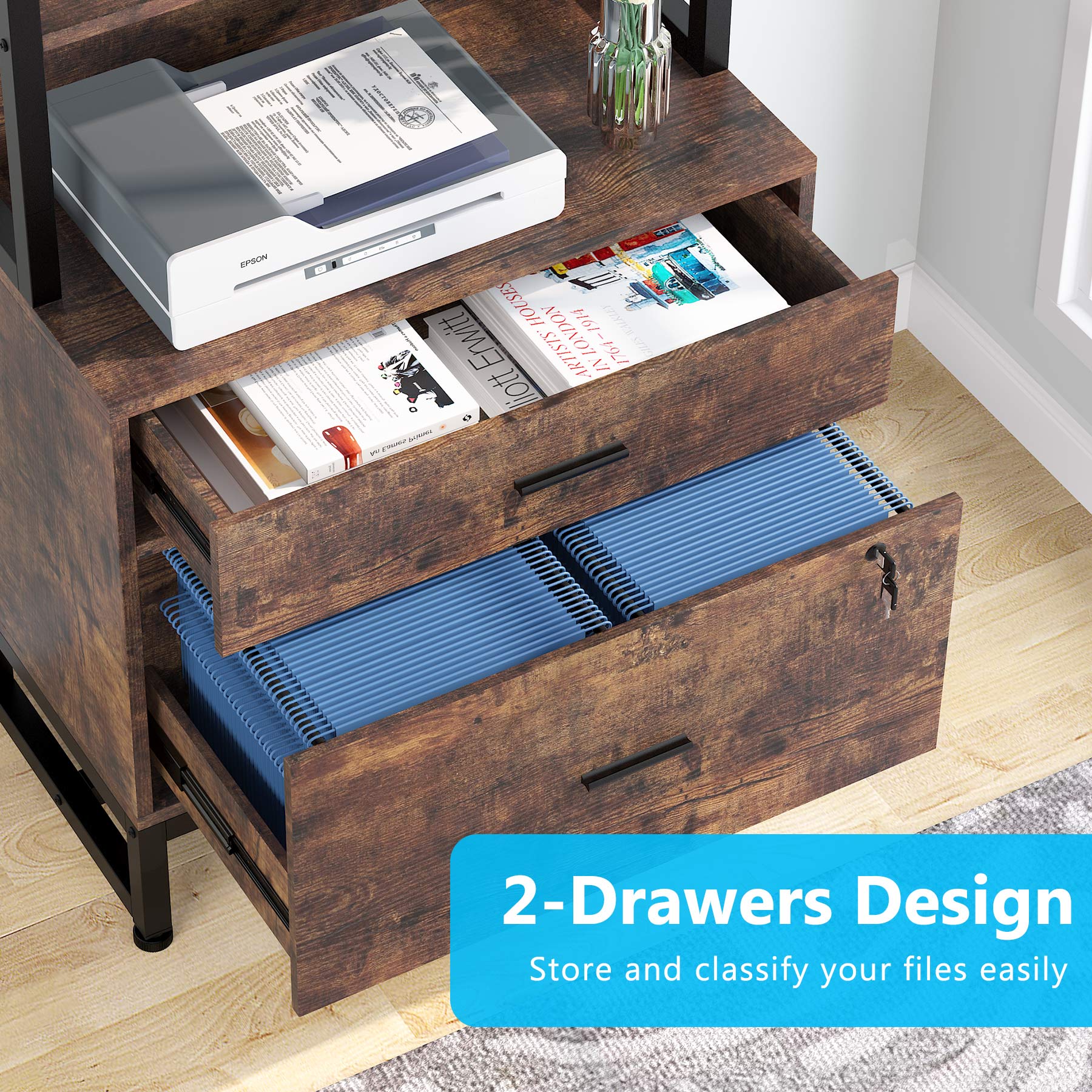 Vertical File Cabinet with 2 Drawers & Bookshelf